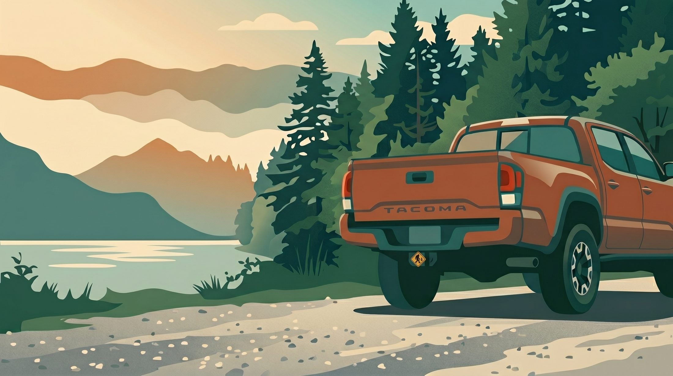 Hand-made 3D-printed hitch covers and fishing gear at a Pacific Northwest lake